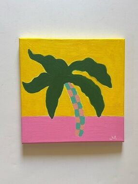 Palm Tree Painting in Yellow, Pink & Green